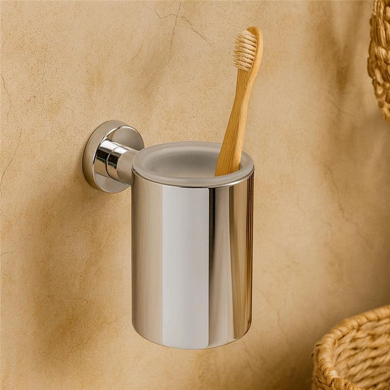 Colombo Plus Bicchiere portaspazzolini Inamovibile a muro in ottone e cromato montato a parete, vista del design e della...