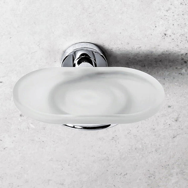 Colombo basic porta sapone in vetro acidato naturale cromo montato a parete, vista del design e della finitura - Colombo...