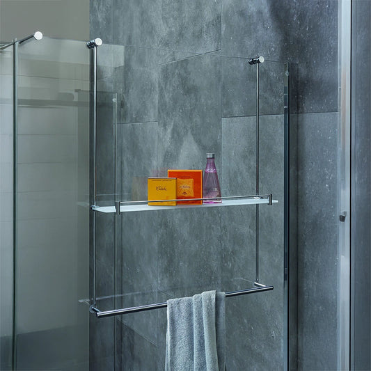 Colombo cavalletto multiuso per vetro box doccia cromo in lucido installato in bagno moderno con ante in vetro temperato...