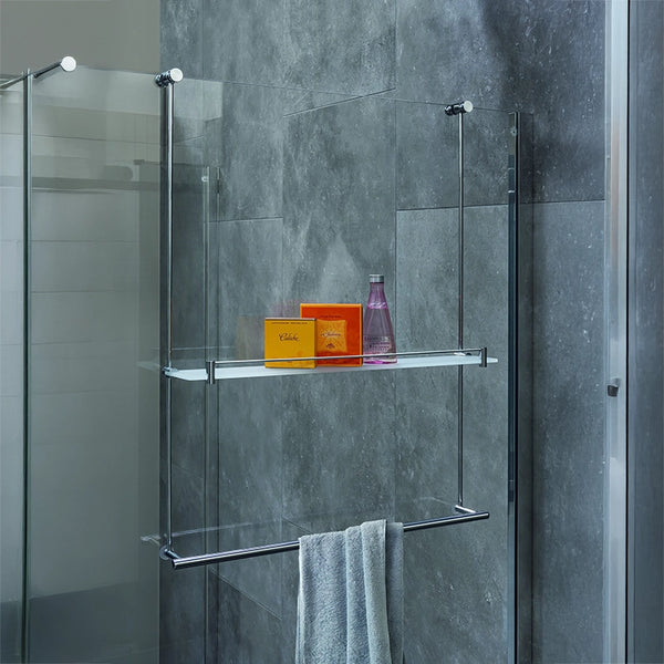 Colombo cavalletto multiuso per vetro box doccia cromo in lucido installato in bagno moderno con ante in vetro temperato...