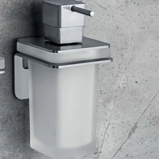 Colombo over dispenser a parete in vetro acidato acciaio in acciaio inox e naturale montato a parete, vista del design e...