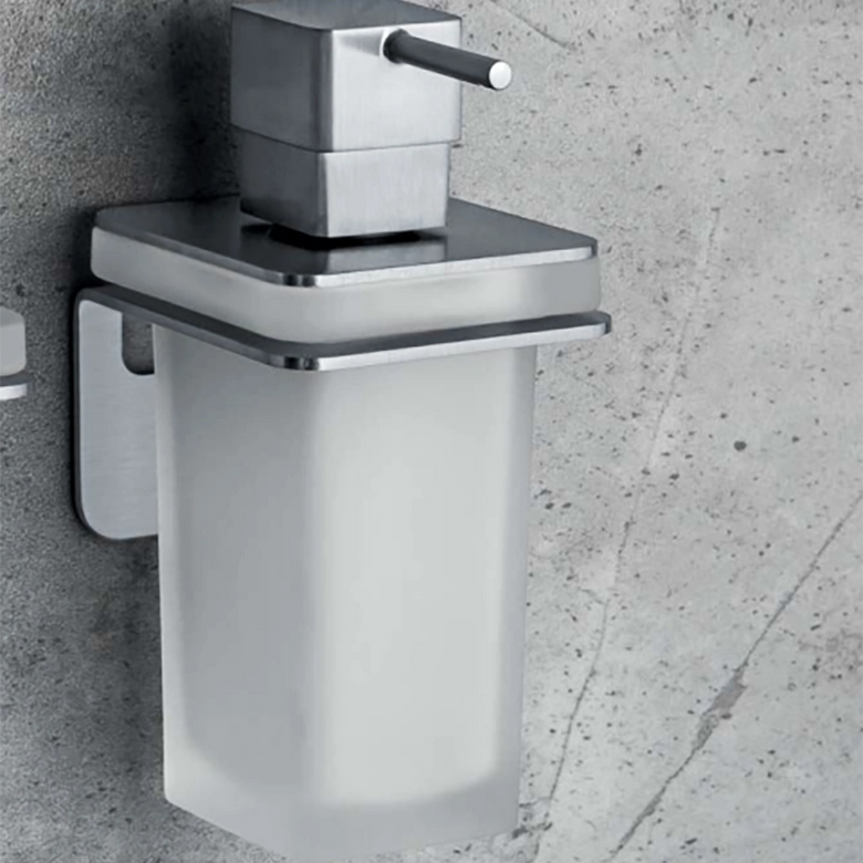 Colombo over dispenser a parete in vetro acidato acciaio in acciaio inox e naturale montato a parete, vista del design e...