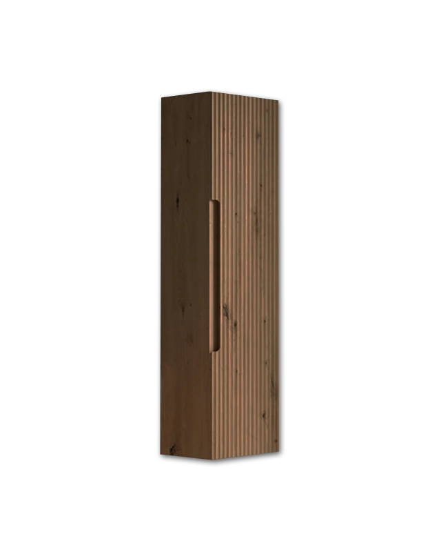 Colonna bagno 120x34 Mango noce effetto legno reversibile ambientato in bagno moderno con specchio e accessori - Exagonshop