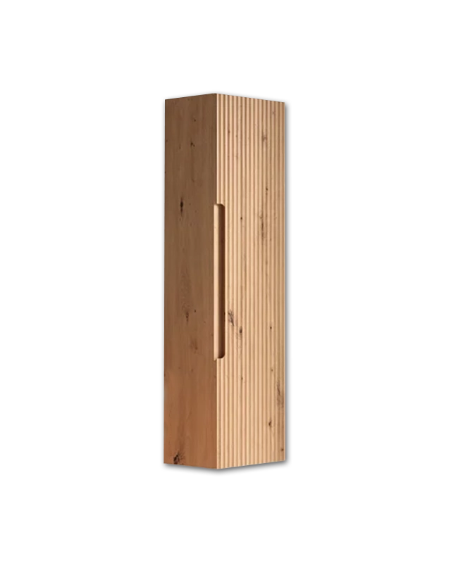 Colonna bagno 120x34 Mango rovere effetto legno reversibile ambientato in bagno moderno con specchio e accessori - Exagonshop