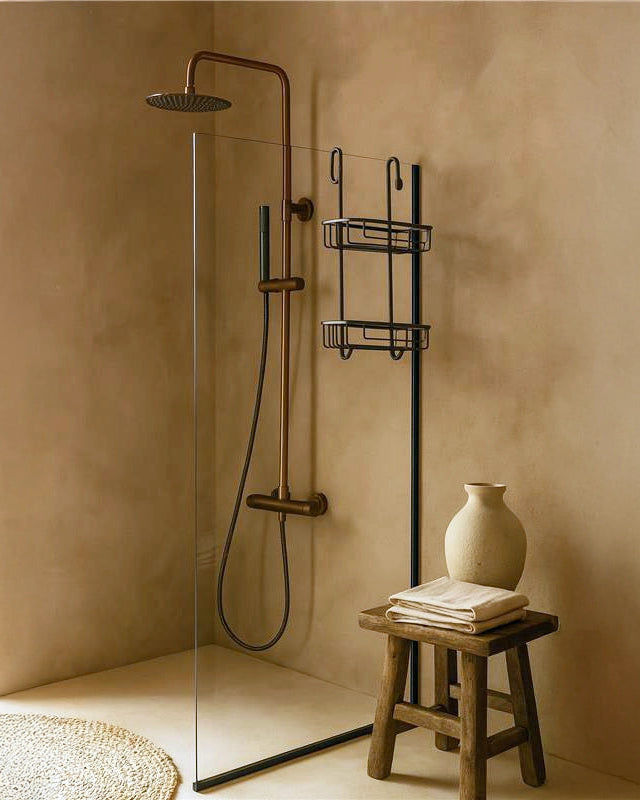 Colonna doccia Melin termostatica oro rosa spazzolato, vista frontale della maniglia e della bocca di erogazione - Exagonshop