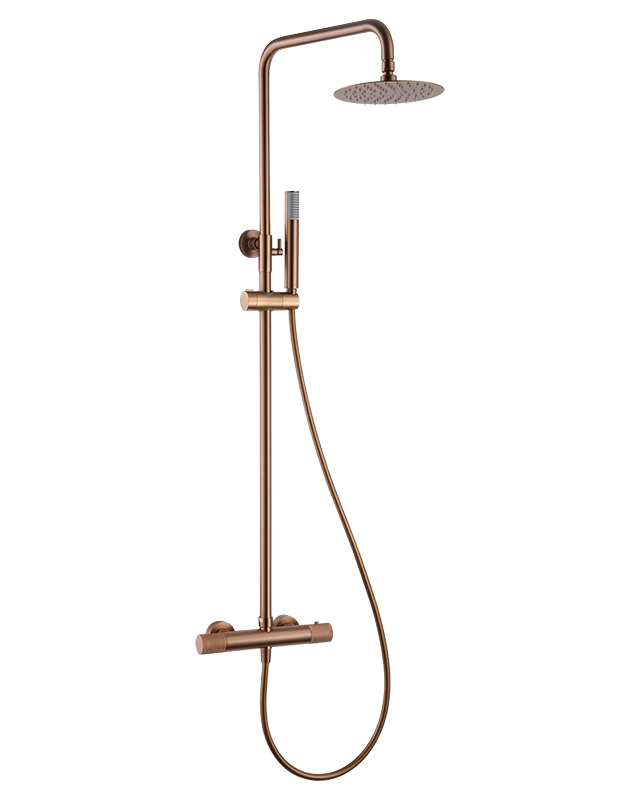 Colonna doccia Melin termostatica oro rosa spazzolato, dettaglio ravvicinato della finitura e del marchio - Exagonshop