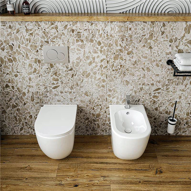 Coppia di sanitari filo muro Linea Emme scarico a vortice Bianco, vista laterale del profilo e della forma - Exagonshop