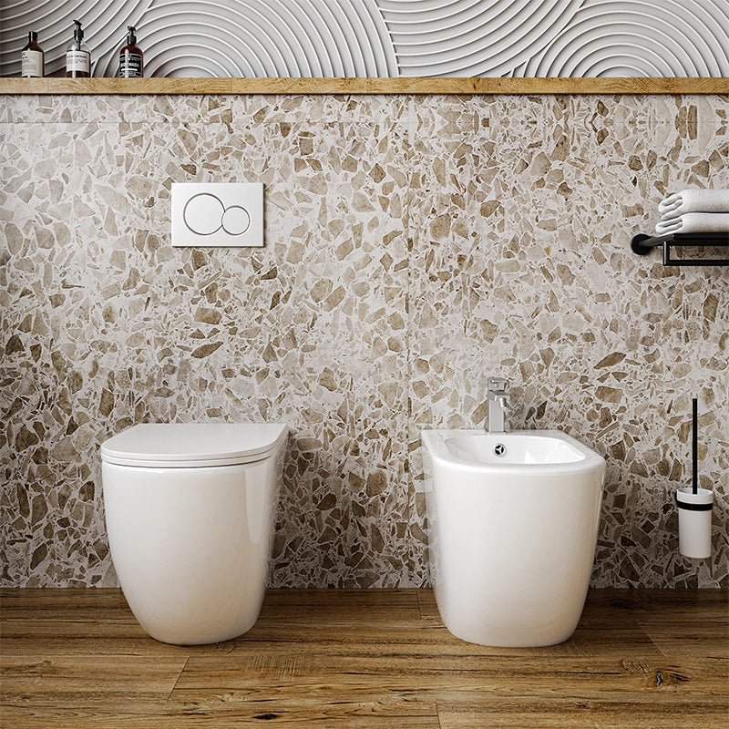 Coppia di sanitari filo muro Linea Emme scarico a vortice Bianco, vista frontale su sfondo bianco - Exagonshop
