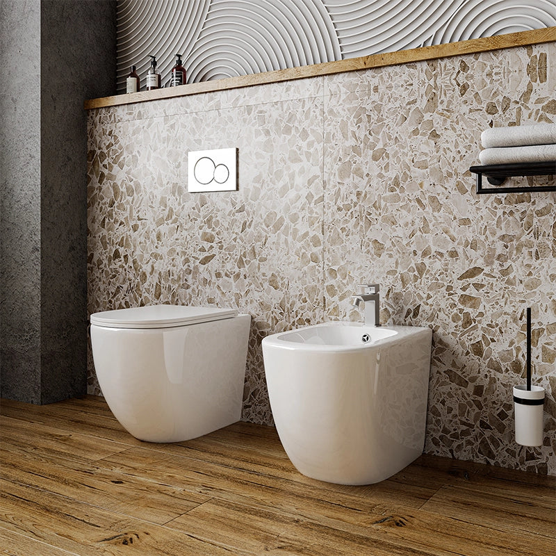 Coppia di sanitari filo muro Linea Emme scarico a vortice Bianco visto dall'alto con scarico e interno visibili - Exagonshop