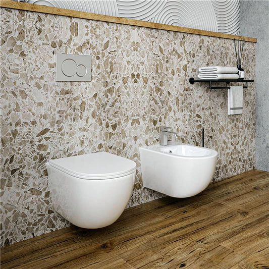 Coppia sanitari sospesi salva spazio Linea Emme rimless scarico a vortice sedile soft close