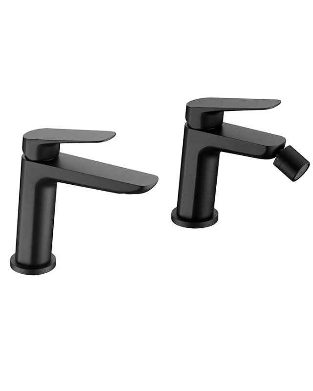 Coppia miscelatori Totem lavabo e bidet nero opaco, vista frontale su sfondo bianco - Exagonshop