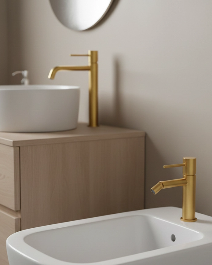 Coppia rubinetti lavabo alto e bidet senza scarico oro Oro Mat in ottone e satinato ambientato su piano bagno con...