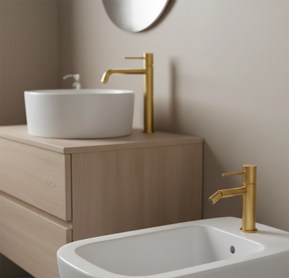 Coppia rubinetti lavabo alto e bidet senza scarico oro spazzolato Memo