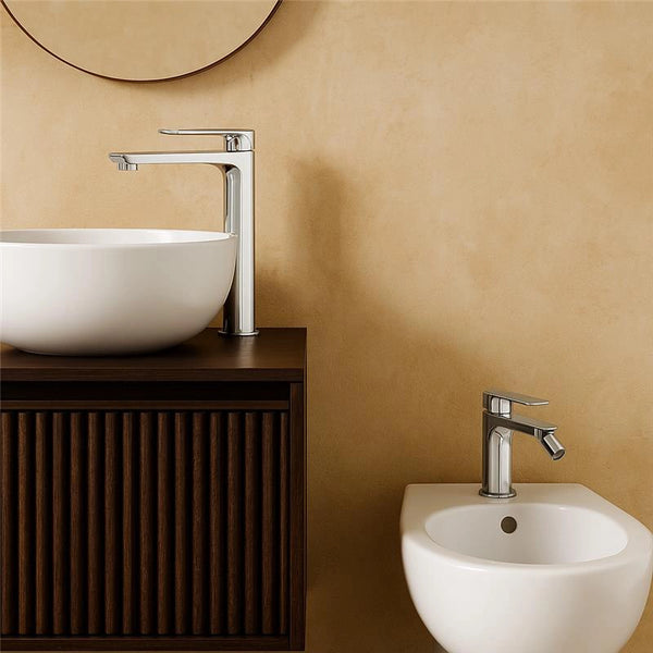 Coppia rubinetti miscelatore lavabo alto e bidet senza scarico cromo Momo