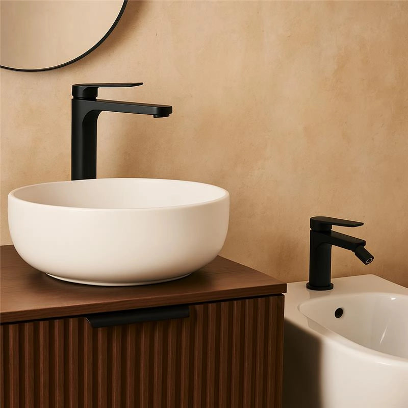 Coppia rubinetti miscelatore lavabo alto e bidet senza scarico nero opaco Momo