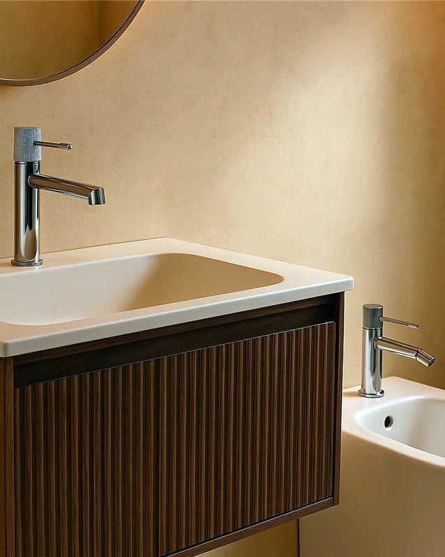 Coppia rubinetti miscelatore lavabo e bidet senza scarico Cromo Lucido in ottone e naturale ambientato su piano bagno con...