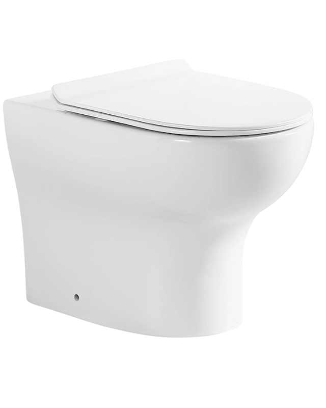 Coppia sanitari Touch a pavimento filo muro bianco lucido ambientato su piano bagno con accessori - Exagonshop