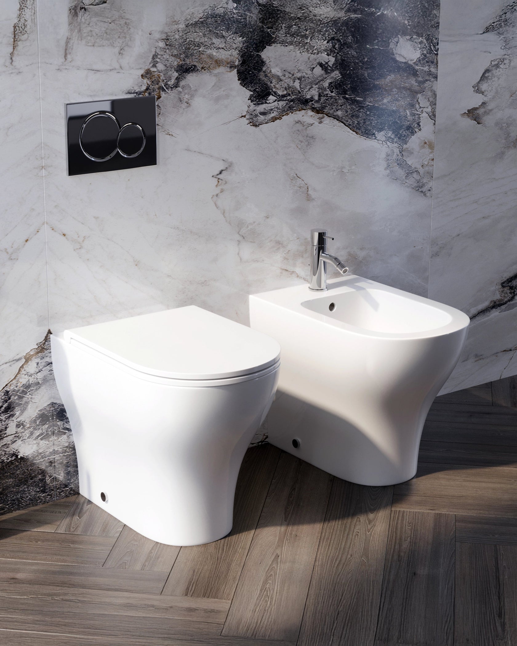 Coppia sanitari Touch a pavimento filo muro bianco lucido, vista laterale del profilo e della forma - Exagonshop