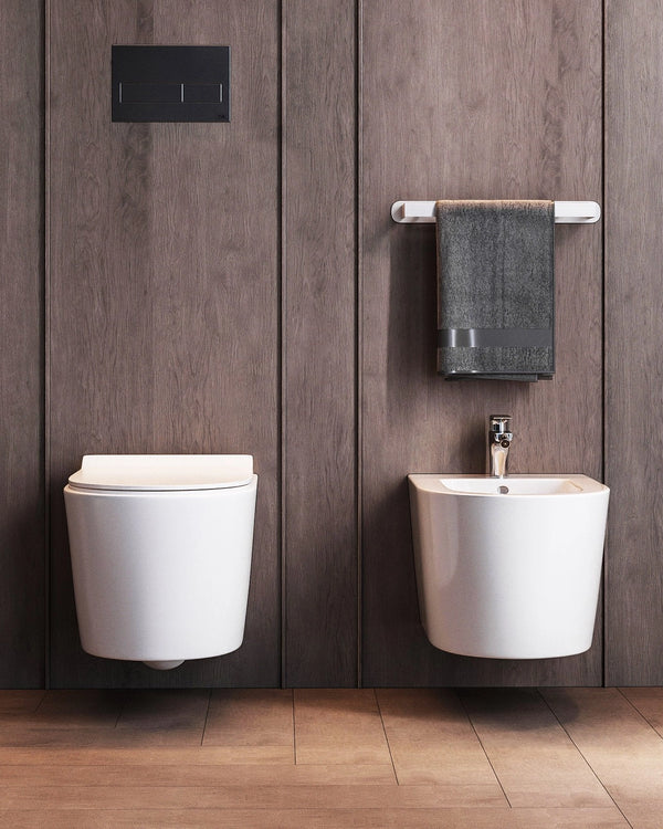 Coppia sanitari sospesi rimless in ceramica sedile soft close bianco lucido Linea Esse