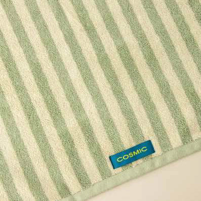 Cosmic Stripes Asciugamano da bagno 50x90 aqua mint, dettaglio ravvicinato del materiale e dell'aggancio - Industrias Cosmic