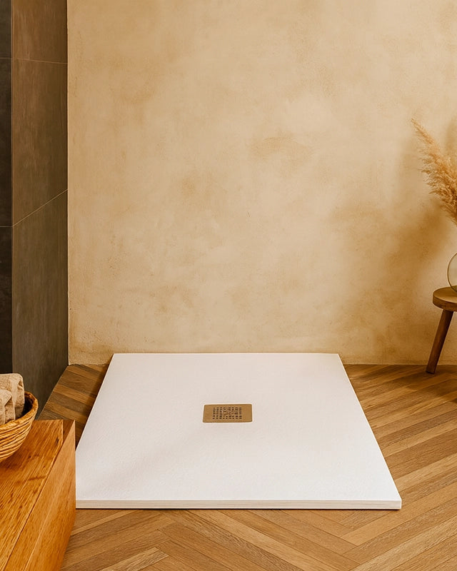 Piatto Doccia 80x80 Desio effetto pietra in Mineralmarmo visto dall'alto con superficie e piletta di scarico - Exagonshop