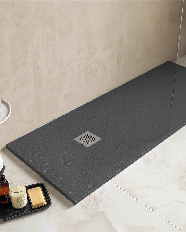 Piatto Doccia 70x120 Desio effetto pietra in Mineralmarmo visto dall'alto con superficie e piletta di scarico - Exagonshop