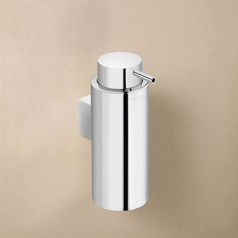 Dispenser Porta Sapone liquido a muro Cromo Cosmic Project in acciaio inox montato a parete, vista del design e della...