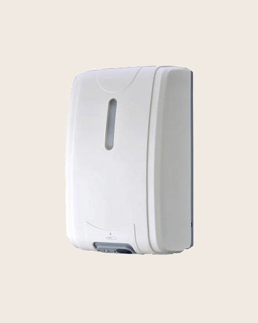Dispenser elettrico con sensore di movimento bianco New montato a parete, vista del design e della finitura - Exagonshop