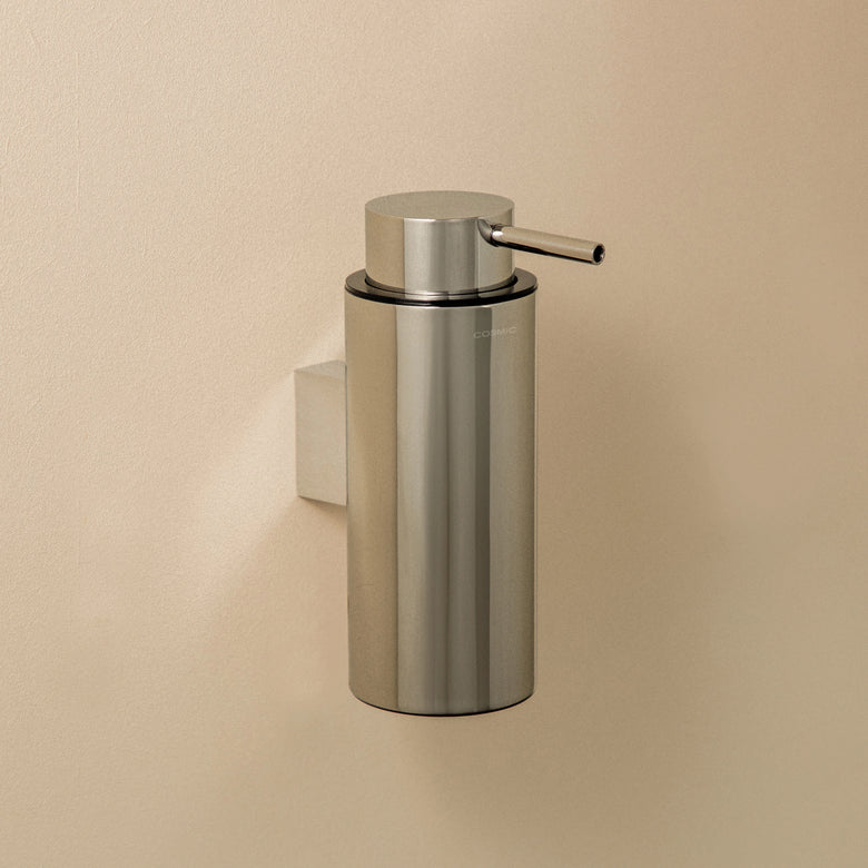 Dispenser porta sapone liquido a muro in acciaio Satinato montato a parete, vista del design e della finitura...