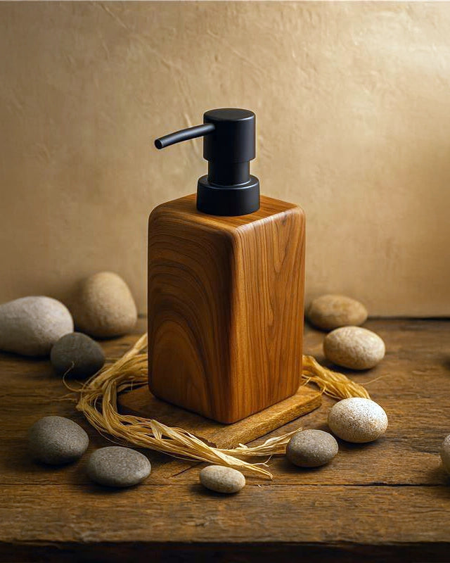 Dispenser sapone effetto legno Radici Legno Naturale in resina montato a parete, vista del design e della finitura...