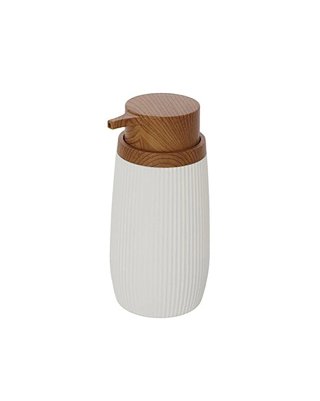 Dispenser sapone in plastica bianco London, dettaglio ravvicinato del materiale e dell'aggancio - Exagonshop
