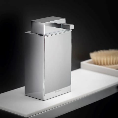 Dispenser sapone liquido da Appoggio cromo Bathlifea Cosmic, dettaglio ravvicinato del materiale e dell'aggancio...