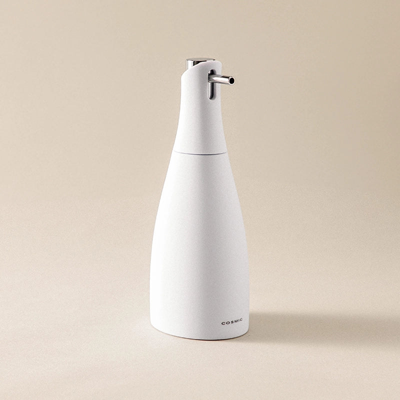 Dispenser sapone liquido da appoggio bianco soft cromo Saku montato a parete, vista del design e della finitura...