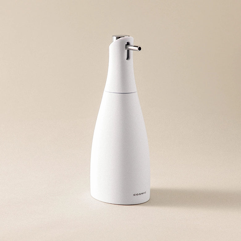 Dispenser sapone liquido da appoggio bianco soft cromo Saku montato a parete, vista del design e della finitura...