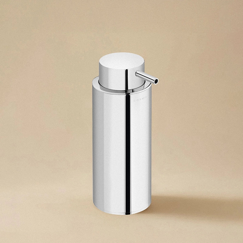 Dispenser sapone liquido da appoggio cromo Project Cosmic in lucido montato a parete, vista del design e della finitura...