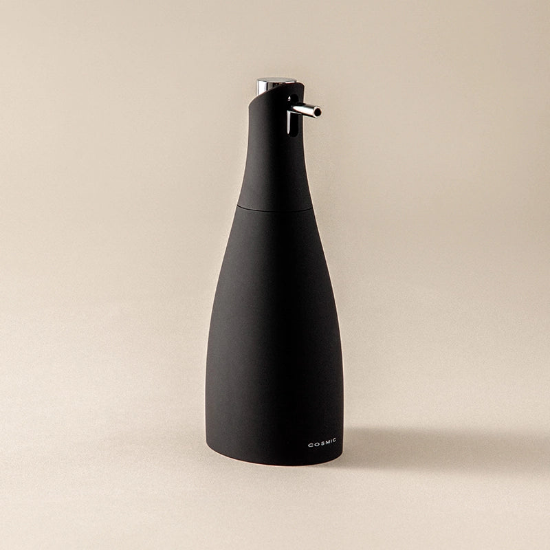 Dispenser sapone liquido da appoggio nero soft cromo Saku montato a parete, vista del design e della finitura...