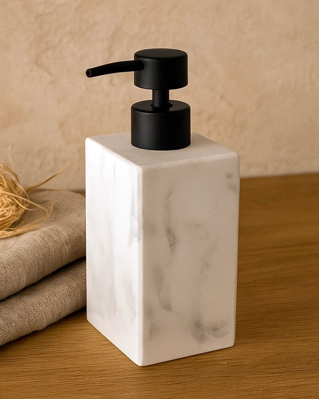 Dispenser sapone marmorizzato bianco Marmo Marmo Bianco in resina e marmo naturale montato a parete, vista del design e...