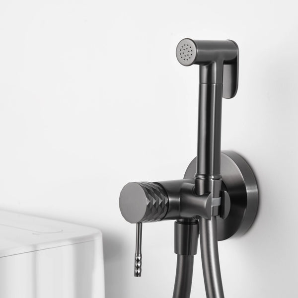 Doccetta bidet con miscelatore Memo incasso grigio metallico in satinato, vista frontale della maniglia e della bocca di...