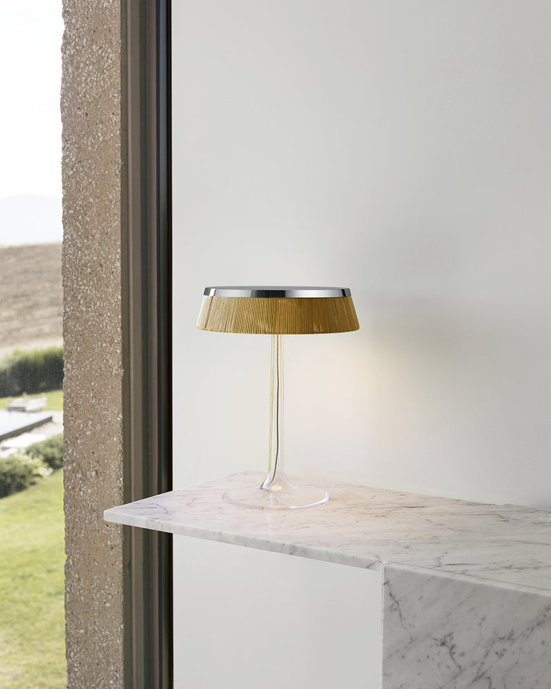 Flos Bon Jour Lampada Da Tavolo cromo con corona rafia F1032057 – Flos