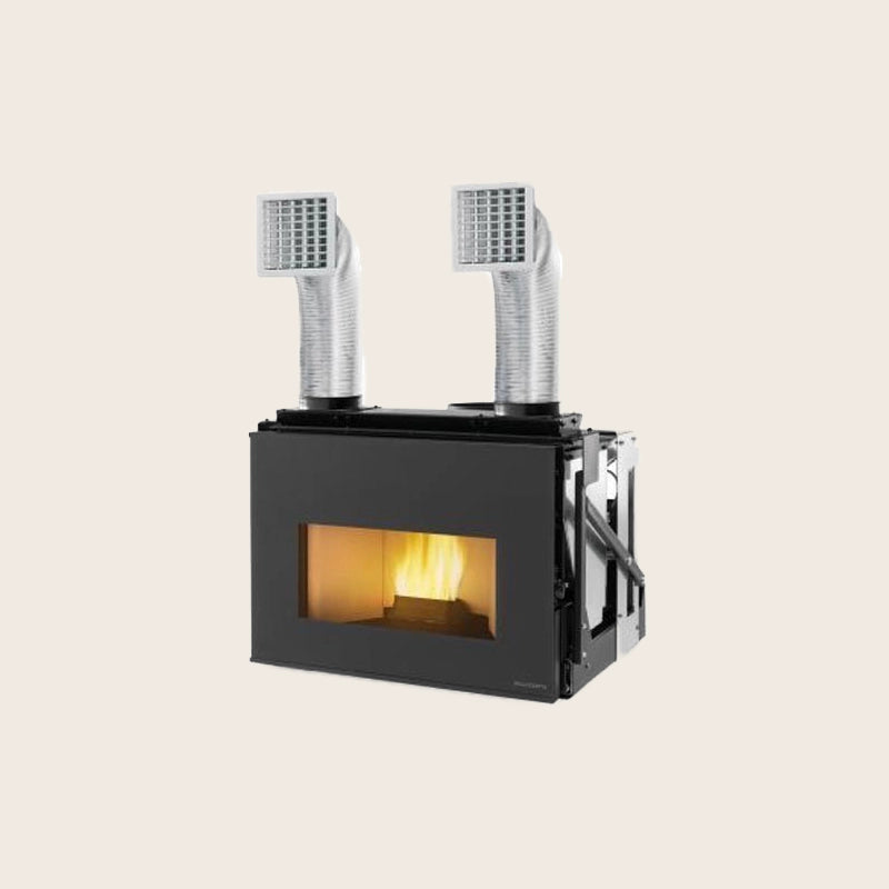 Focolare A Pellet Ecofire ad Aria da inserimento per camino Acciaio Inox accesa in soggiorno, fiamma visibile attraverso...