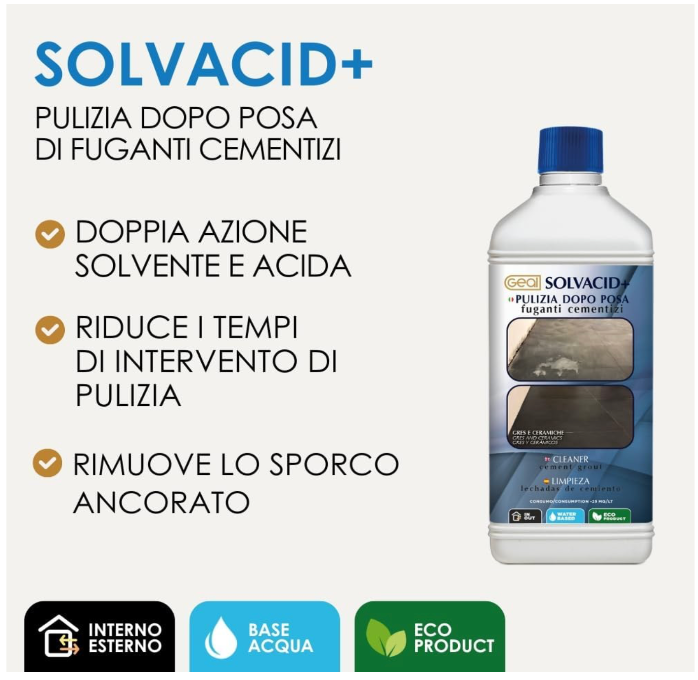 SOLVACID+ GEAL 5L Detersolvente acido sinergizzato per gres, dettaglio ravvicinato del materiale e dell'aggancio