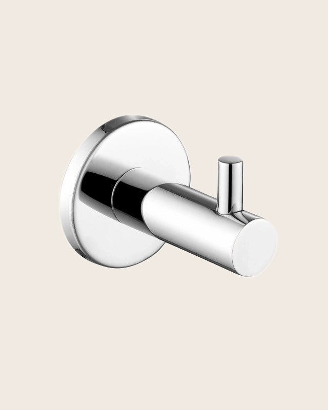 Gancio appendi asciugamano cromo Minimal in acciaio inox e lucido montato a parete, vista del design e della finitura...