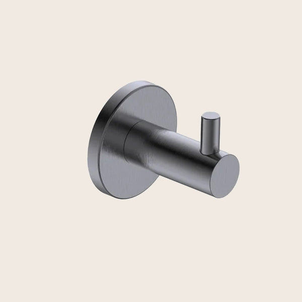 Gancio appendi asciugamano grigio metallico Minimal in naturale montato a parete, vista del design e della finitura...