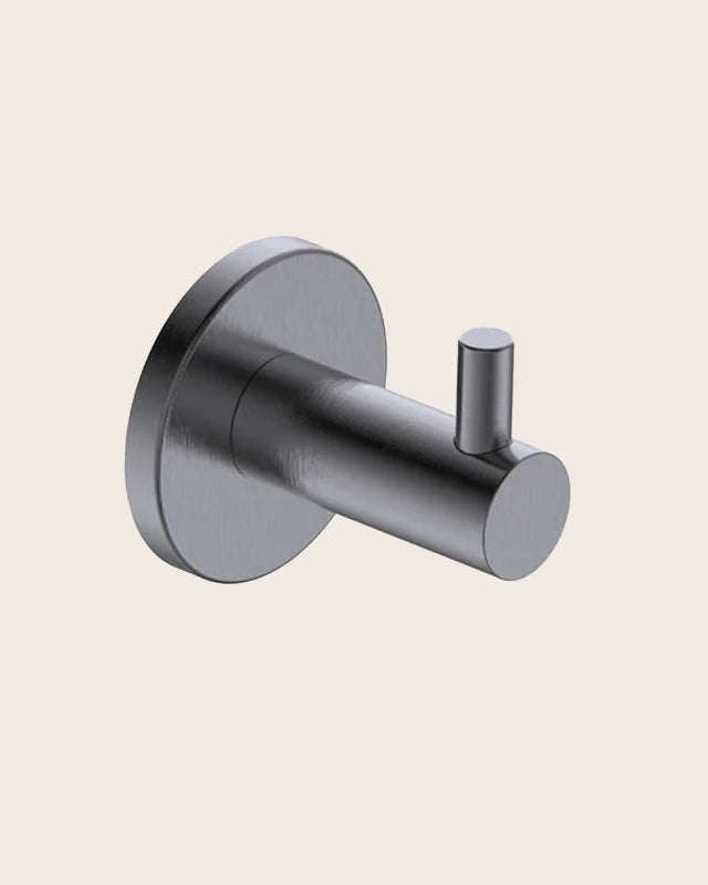 Gancio appendi asciugamano grigio metallico Minimal in naturale montato a parete, vista del design e della finitura...