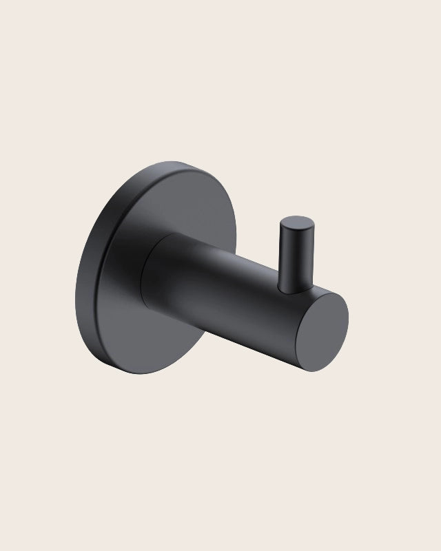 Gancio appendi asciugamano nero opaco Minimal in acciaio inox montato a parete, vista del design e della finitura...