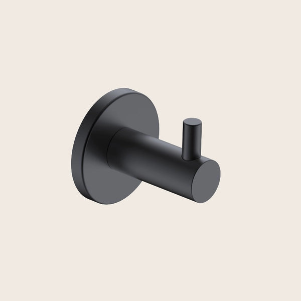 Gancio appendi asciugamano nero opaco Minimal in acciaio inox montato a parete, vista del design e della finitura...