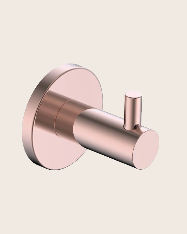 Gancio appendi asciugamano oro rosa spazzolato Minimal montato a parete, vista del design e della finitura - Exagonshop