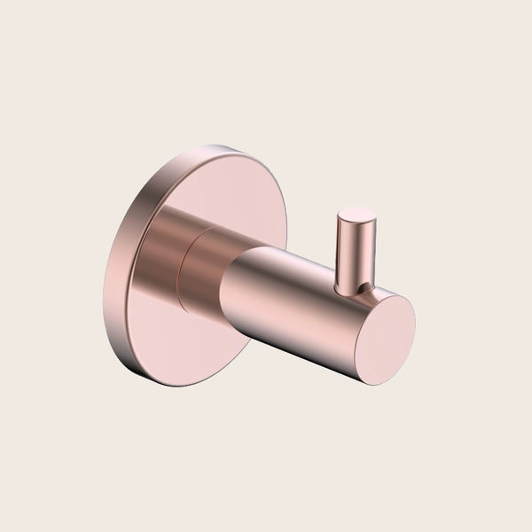 Gancio appendi asciugamano oro rosa spazzolato Minimal montato a parete, vista del design e della finitura - Exagonshop