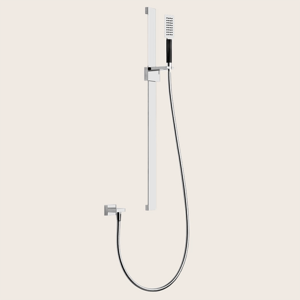 Gessi Asta doccia Saliscendi Con Doccetta mirror steel Tre, vista frontale della maniglia e della bocca di erogazione