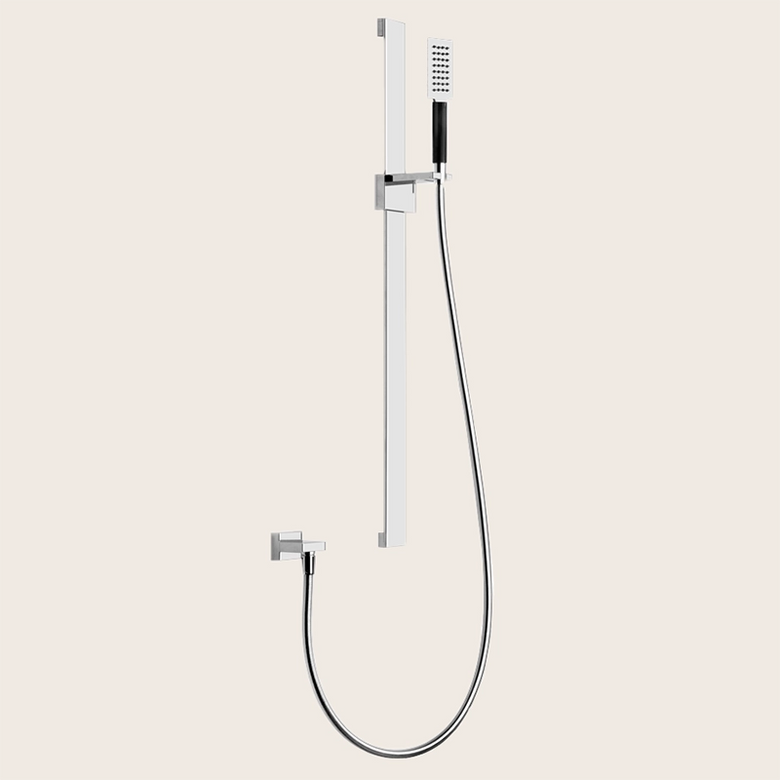 Gessi Asta doccia Saliscendi Con Doccetta mirror steel Tre, vista frontale della maniglia e della bocca di erogazione